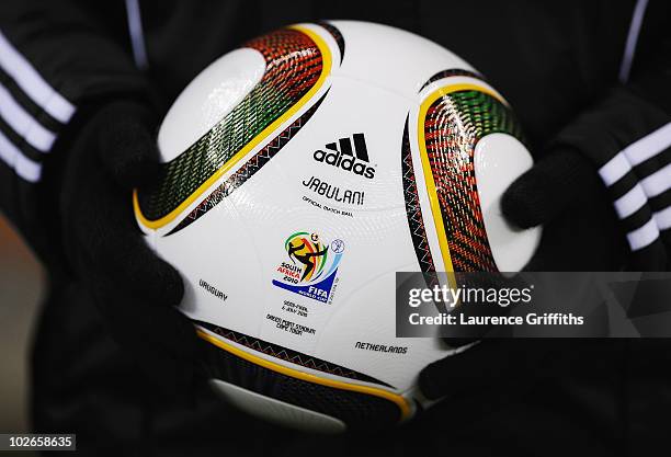The official Jabulani matchball ahead of the 2010 FIFA World Cup South Africa Semi Final match between Uruguay and the Netherlands at Green Point...
