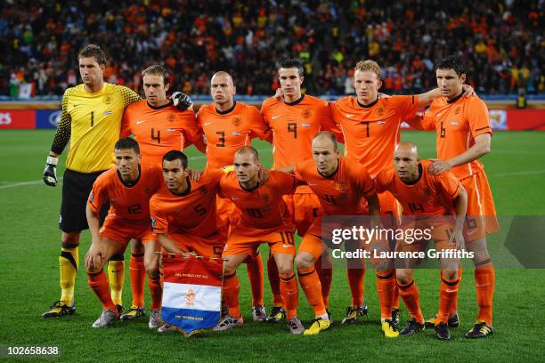 The Netherlands team line up ahead of the 2010 FIFA World Cup South Africa Semi Final match between Uruguay and the Netherlands at Green Point...