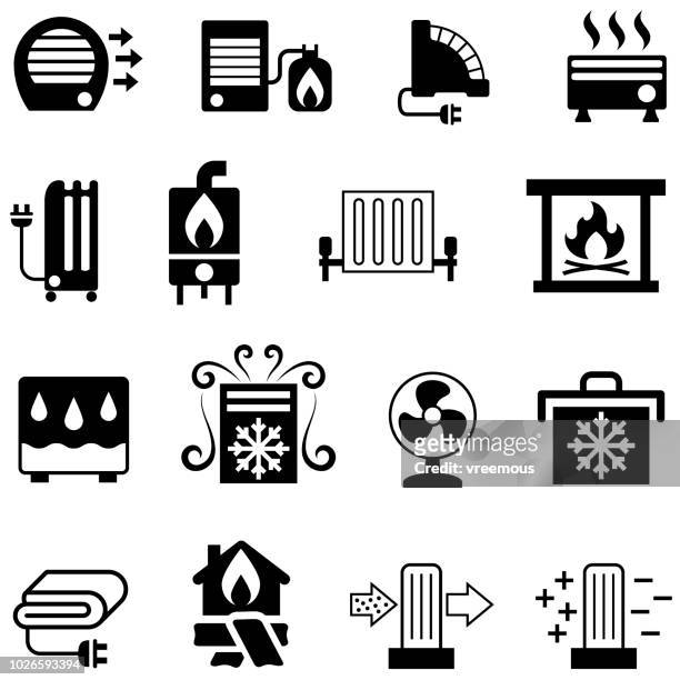 home appliances icons - heating & cooling - fireplace stock illustrations