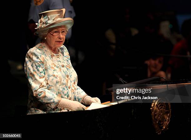 Queen Elizabeth II addresses the United Nations at the UN Headquarters on July 6, 2010 in New York City. Queen Elizabeth II and Prince Philip, Duke...