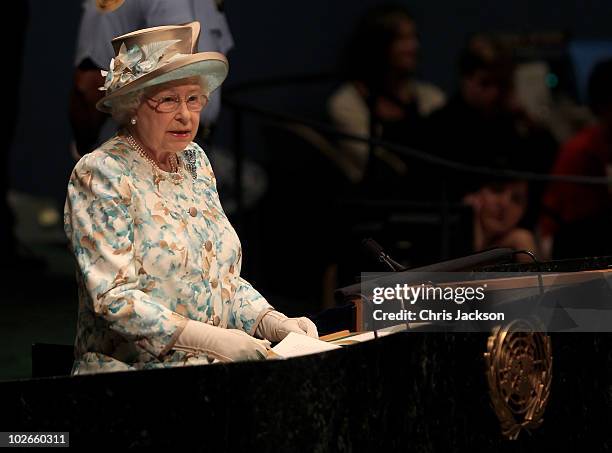 Queen Elizabeth II addresses the United Nations at the UN Headquarters on July 6, 2010 in New York City. Queen Elizabeth II and Prince Philip, Duke...