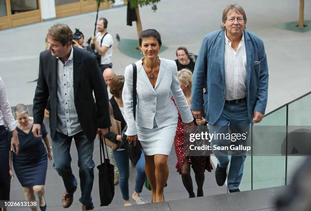Sahra Wagenknecht , Bundestag faction leader of Die Linke leftist political party, writer Bernd Stegemann and Ludger Volmer, former chairman of the...