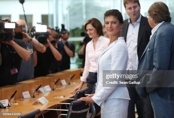 Sahra Wagenknecht , Bundestag faction leader of Die Linke leftist political party, writer Bernd Stegemann , Ludger Volmer , former chairman of the...