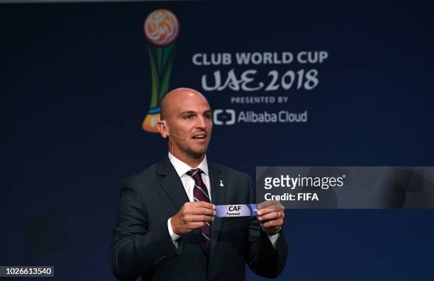 Esteban Cambiasso draws out the CAF Winner during the FIFA Club World Cup UAE 2018 Official Draw at the Home of FIFA on September 4, 2018 in Zurich,...