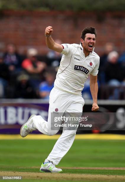 Jamie Overton of Somerset celebrates after dismissing Liam Livingstone of Lancashire during Day One of the Specsavers County Championship Division...