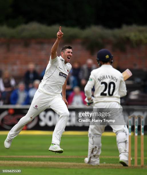 Craig Overton of Somerset celebrates after dismissing Josh Bohannon of Lancashire during Day One of the Specsavers County Championship Division One...
