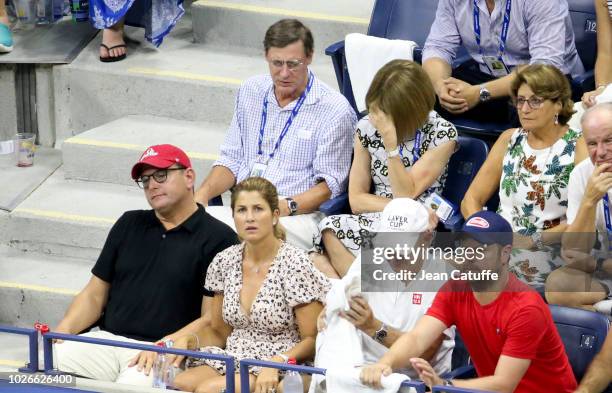 Anna Wintour with husband Shelby Bryan, Lynette Federer, mother of Roger Federer, below Mirka Federer, wife of Roger Federer attend his defeat on day...