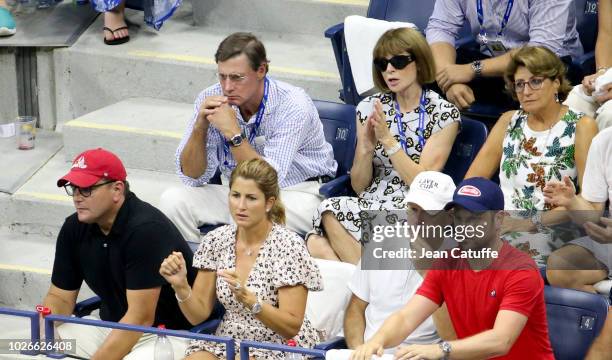 Anna Wintour with husband Shelby Bryan, Lynette Federer, mother of Roger Federer, below Mirka Federer, wife of Roger Federer attend his defeat on day...