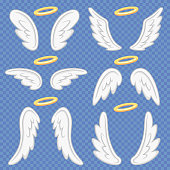 Cartoon angel wings. Holy angelic nimbus and angels wing. Flying winged angeles vector illustration set