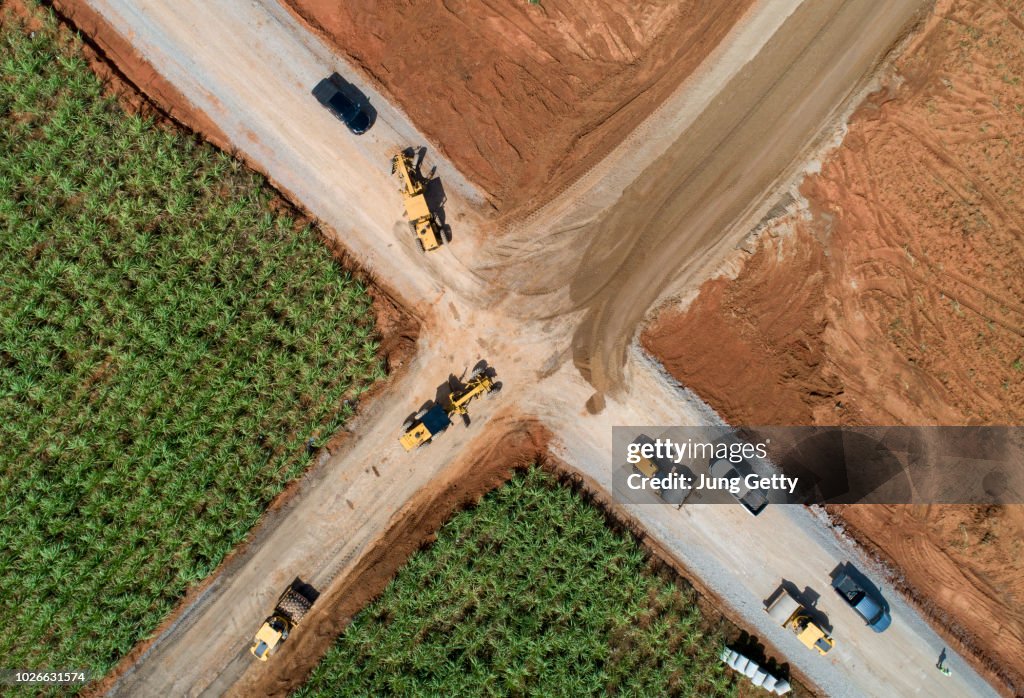 Aerial view road construction site machine