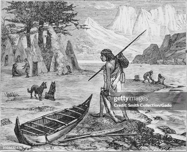 Black and white vintage print, depicting an indigenous Fuegian man, wearing a one-shoulder sarong and carrying a fish, fishing pole, and basket,...