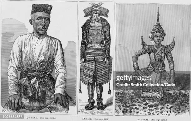 Black and white vintage prints, in three columns: captioned "King of Siam" depicting Thai King Mongkut, in three-quarter, frontal view, wearing a...