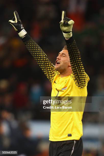 Maarten Stekelenburg of the Netherlands celebrates a goal during the 2010 FIFA World Cup South Africa Semi Final match between Uruguay and the...
