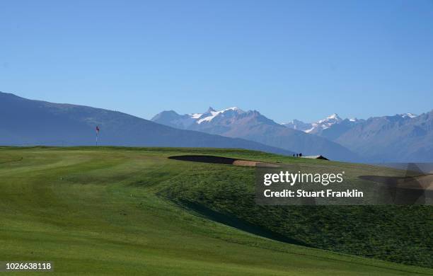 General view of the seventh hole during practice prior to the start of Omega European Masters at Crans-sur-Sierre Golf Club on September 4, 2018 in...