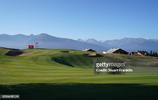 General view of the seventh hole during practice prior to the start of Omega European Masters at Crans-sur-Sierre Golf Club on September 4, 2018 in...