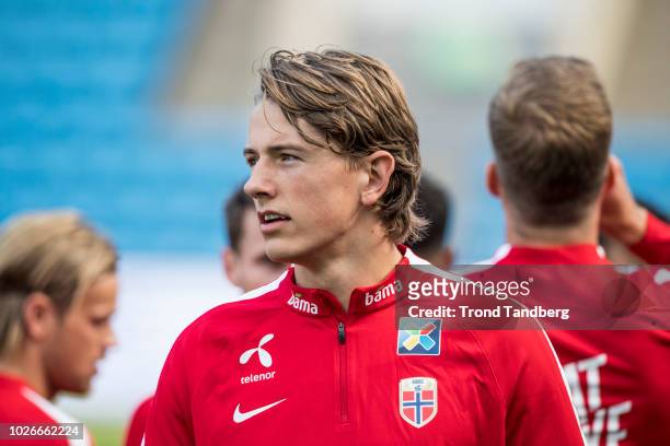 Sander Berge of Norway during training session at Ullevaal Stadion on September 4, 2018 in Oslo, Norway.