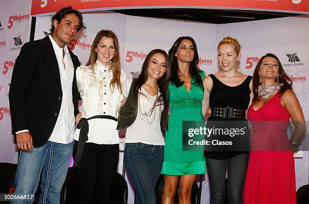 Fernando Alonso, Cecilia Ponce, Marimar Vega, Paola Nunez, Erika de la Rosa and Griselda Contreras pose for a photo during a press conference to...