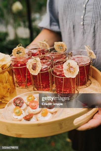 rote aperitif trinken mit getrockneten apfel - aperitif stock-fotos und bilder