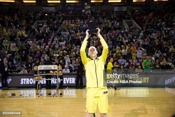 Breanna Stewart of the Seattle Storm holds up the MVP award trophy before the game against the Phoenix Mercury during Game Two of the WNBA SemiFinals...