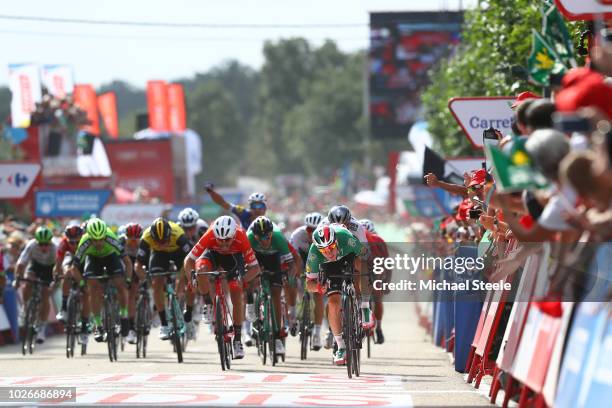 Arrival / Sprint / Elia Viviani of Italy and Team Quick-Step Floors / Peter Sagan of Slovakia and Team Bora - Hansgrohe / Giacomo Nizzolo of Italy...