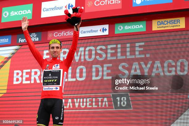 Podium / Simon Yates of Great Britain and Team Mitchelton-Scott Red Leader Jersey / Celebration / Bull Mascot / during the 73rd Tour of Spain 2018,...