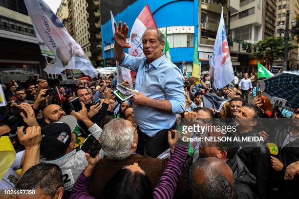Brazilian presidential candidate for the Democratic Labour Party , Ciro Gomes campaigns in downtown Sao Paulo, Brazil, on September 4, 2018 ahead of...
