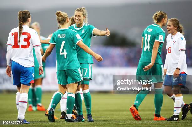 Leonie Maier of Germany celebrates with Verena Schweers of Germany after victory in the Faeroe Islands Women's v Germany Women's 2019 FIFA Women's...