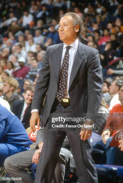 Head coach Lenny Wilkens of the Cleveland Cavaliers looks on during an NBA basketball game circa 1992. Wilkens coached for the Cavaliers from 1986-93.