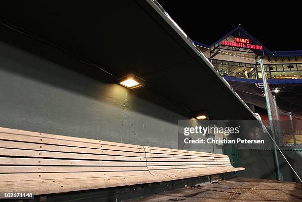 General view of the visitor's dugout at Rosenblatt Stadium following game 2 of the men's 2010 NCAA College Baseball World Series between the UCLA...