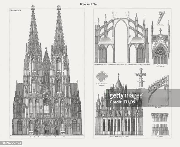 cologne cathedral, north rhine-westphalia, germany, wood engravings, published in 1897 - spire stock illustrations
