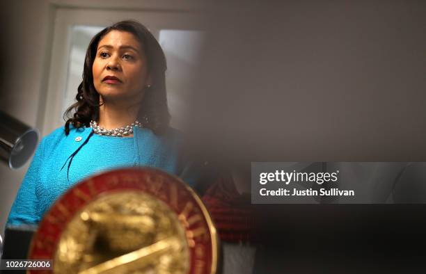 San Francisco mayor London Breed looks on during a news conference to show support for safe injection sites within city limits at HealthRIGHT 360 on...