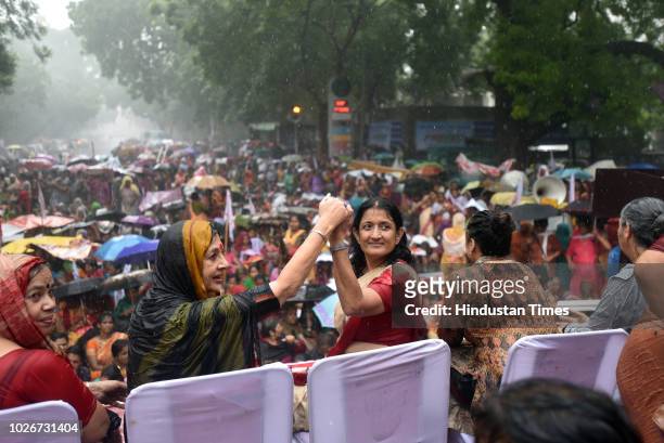 Leader Brinda Karat, leading members of All India Democratic Women Association during a protest march against violence from Mandi House towards...