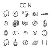 Coin related vector icon set.