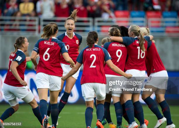 Kristine Minde, Maren Mjelde, Ingrid Moe Wold, Isabell Lehn Herlovsen, Frida Leonhardsen Maanum, Maria Thorisdottir and Caroline Graham Hansen of...