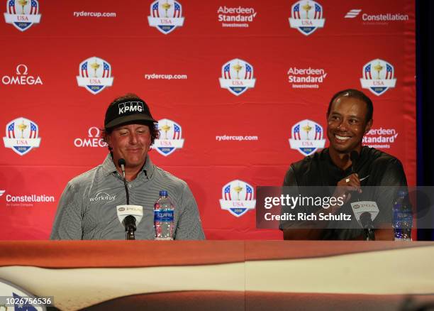 Phil Mickelson and Tiger Woods along with Bryson DeChambeau after being chosen by U.S. Ryder Cup Team Captain Jim Furyk, as his Captains Picks for...