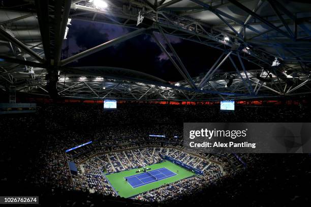 General view inside Arthur Ashe Stadium during the women's singles quarter-final match between Serena Williams of the United States and Karolina...