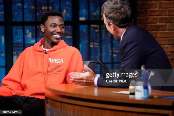 Episode 726 -- Pictured: Actor/comedian Jerrod Carmichael during an interview with host Seth Meyers on September 4, 2018 --