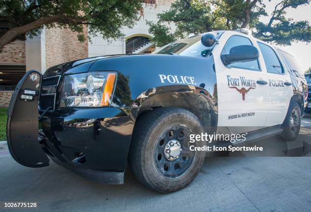 Ft. Worth Police vehicle sits outside of the stadium before the game between the Southern Jaguars and the TCU Horned Frogs on Saturday September 1,...