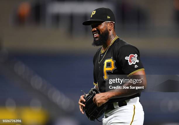 Felipe Vazquez of the Pittsburgh Pirates celebrates after a 7-3 win over the Cincinnati Reds at PNC Park on September 4, 2018 in Pittsburgh,...