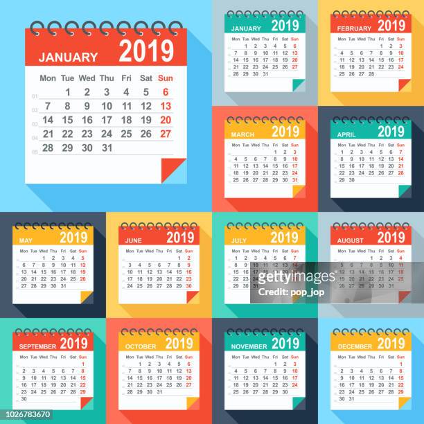 illustrations, cliparts, dessins animés et icônes de calendrier 2019 - plat moderne coloré. jours à partir de lundi - 2019
