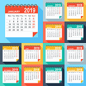 Calendar 2019 - Flat Modern Colorful. Days start from Monday