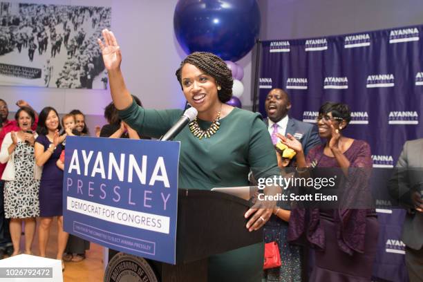 Ayanna Pressley, Boston City Councilwomen and House Democratic candidate, gives a victory speech at her primary night gathering after her opponent...
