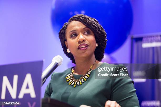 Ayanna Pressley, Boston City Councilwomen and House Democratic candidate, gives a victory speech at her primary night gathering after her opponent...