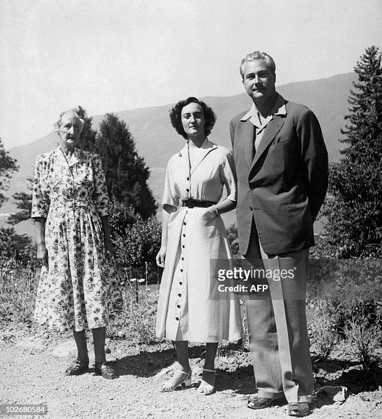 Prince Napoléon Louis Bonaparte, his wife Countess Alix de Foresta and Prince mother Princess Clementine of Belgium, are pictured in 1949 near...