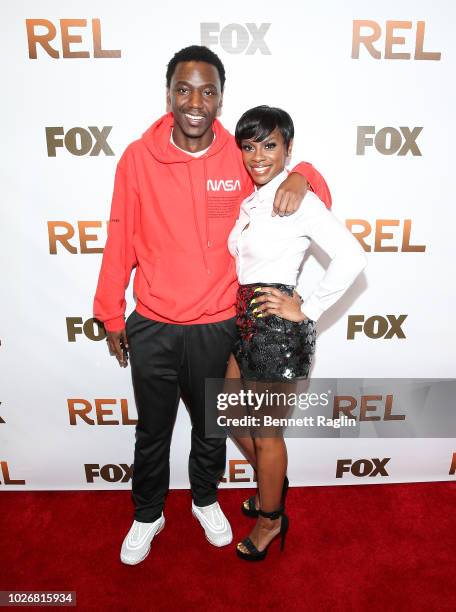 Comedian Jerrod Carmichael and actress Jessica "Jess Hilarious" Moore attend the New York screening of "REL" at Magic Johnson theater Harlem on...