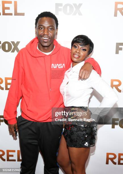 Comedian Jerrod Carmichael and actress Jessica "Jess Hilarious" Moore attend the New York screening of "REL" at Magic Johnson theater Harlem on...