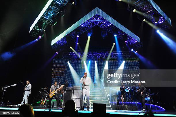 Lenny Santos, Max Santos, Anthony Santos and Henry Santos Jeter of Aventura perform at Hard Rock Live! in the Seminole Hard Rock Hotel & Casino on...