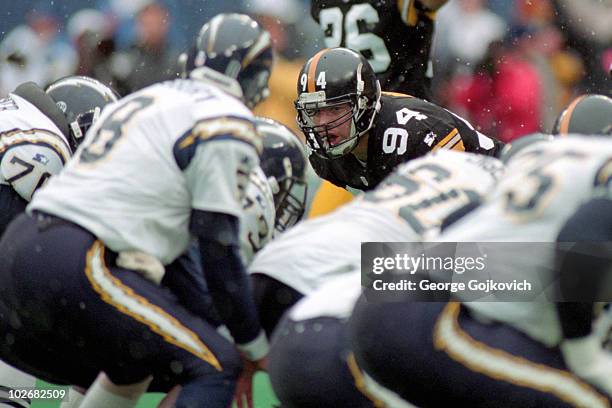 Linebacker Chad Brown of the Pittsburgh Steelers looks across the line of scrimmage at the San Diego Chargers as snow falls during a game at Three...