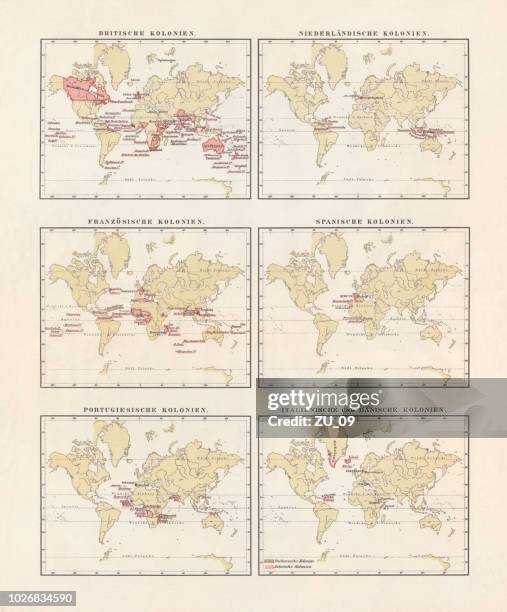 stockillustraties, clipart, cartoons en iconen met britse, nederlandse, franse, spaanse, portugese, italiaanse, deense kolonies, lithografie, 1897 - nordic countries