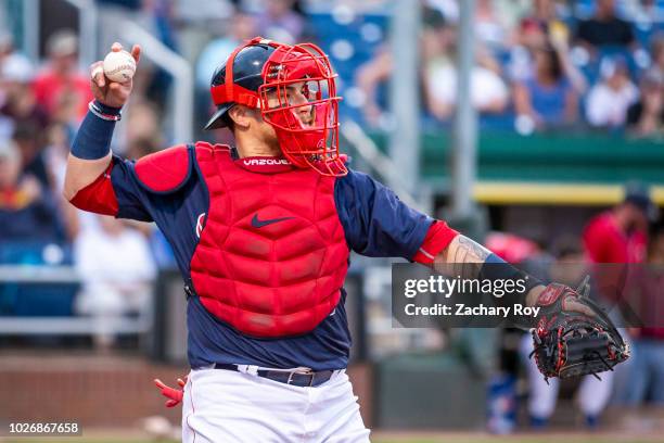 Boston Red Sox catcher Christian Vazquez catches for the Portland Sea Dogs while on a rehab assignment for the Boston Red Sox at Hadlock Field on...